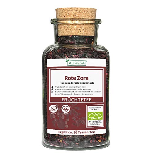 AURESA Loser Früchtetee im Glas | Tee Rote Zora mit Beeren - 120g | Wiederverwendbare Glasflasche mit Korkverschluss