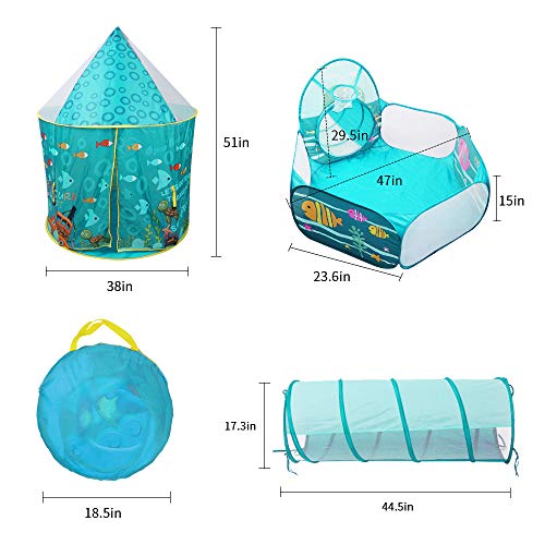 SUNBA YOUTH Kids Play Tent, Crawl Tunnel and Ball Pit, Pop Up Playhouse for Girls and Boys, Babies and Toddlers. Knight Castle for Kids for Indoor and Outdoor Use with Carrying Case. (Teal)