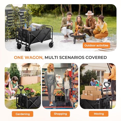 Uniiking® Collapsible Wagon 330 lbs, Heavy Duty Trolley Cart Foldable, Portable Wagons for Groceries, Beach Cart with All-Terrain Wheels & Drink Holders, Utility Wagon for Shopping, Sports, Camping