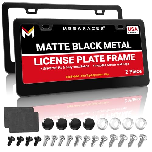 Mega Racer Kennzeichenrahmen aus Metall, 2 Löcher, schmal, vorne und hinten, schwarzer Aluminium-Kennzeichenrahmen mit Edelstahlschrauben und schwarze