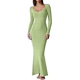 QINSEN Women's Ribbed Knit Long Sleeve Scoop Neck Maxi Dress with Lace Details Bodycon Dress