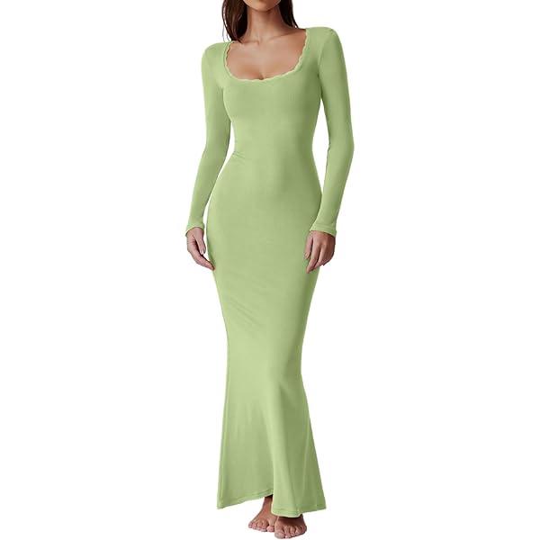 R.Vivimos Women's Maxi Lounge Dress Long Sleeve Square Neck