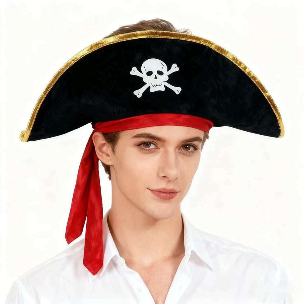 AR BRAND EST. 2021 Deluxe Pirate Captain Hat with Skull Design, Black and Gold Trim, Red Bandana, Halloween Costume Accessory, Caribbean Theme Party Supplies or Brown Pirate Hat (Black Pirate Hat)