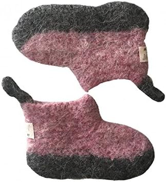 Handmade Wool Slipper Socks for Kid's Exclusive Indoor Icelandic Design - Size S - Color Pink/Grey