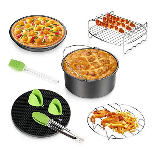 Air Fryer Accessories 8pcs for Gowise Phillips Cozyna Deep Fryer Accessories Set with Cake Barrel, Pizza Pan, Metal Holder, Skewer Rack, Silicone Mat, Silicone Brush, Food Tong, Oil Brush