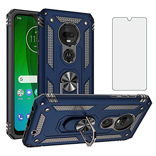 Phone Case for Motorola Moto G7 Plus MotoG7 with Tempered Glass Screen Protector Cover and Magnetic Stand Ring Holder Rugged Hard Shockproof Heavy Duty Accessories MotoG7Plus Moto7 G 7 7G G7Plus Blue
