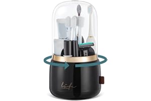 EXIN DECHEN Toothbrush Holders with Cover for Bathrooms, 360° Rotating 7-Slot Draining Water for Placing Kids Electric Toothbrushes,Toothpaste,Razors,Bathroom Counter Dresser Vanity Organizer(Black)