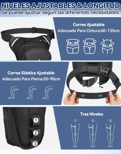 Leathario Expandable Motorcycle Leg Bag with Adjustable Straps, Multifunctional Waterproof Leg Bag for Motorcycle Cycling Hiking with Carabiners and Reflective Strips, Black - Grey Label