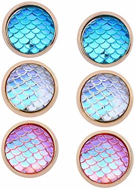 3 Pairs AB Blue Pink Mermaid Scales Stainless Steel Gold Plated Summer Vacation Stud Earrings Set for Girls Teens and Women,Hypoallergenic