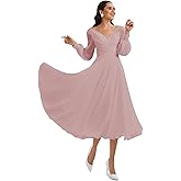 Fievlrs Women's Long Sleeves Tea Length Wedding Dress for Bride Chiffon V Neck A Line Midi Bridal Dress for Women