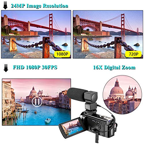 Video Camera Camcorder KENUO Full HD 1080P 30FPS 24MP Vlogging Digital Camera With Lens Hood 3.0 Inch Screen 16X Digital Zoom Camcorder Recorder YouTube Webcam For Live Streaming Camera with Microphon