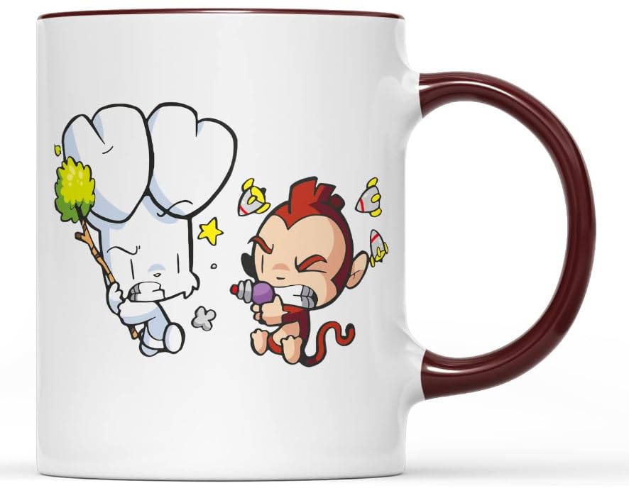 Bunny Vs Monkey Mug Cup Funny Cartoon Children Kid Book Story Comic Peaceful Night Time Picnic Woods Robot Rocket Suit Custard Balloon Dragon Gift Present (Bordeaux Handle)