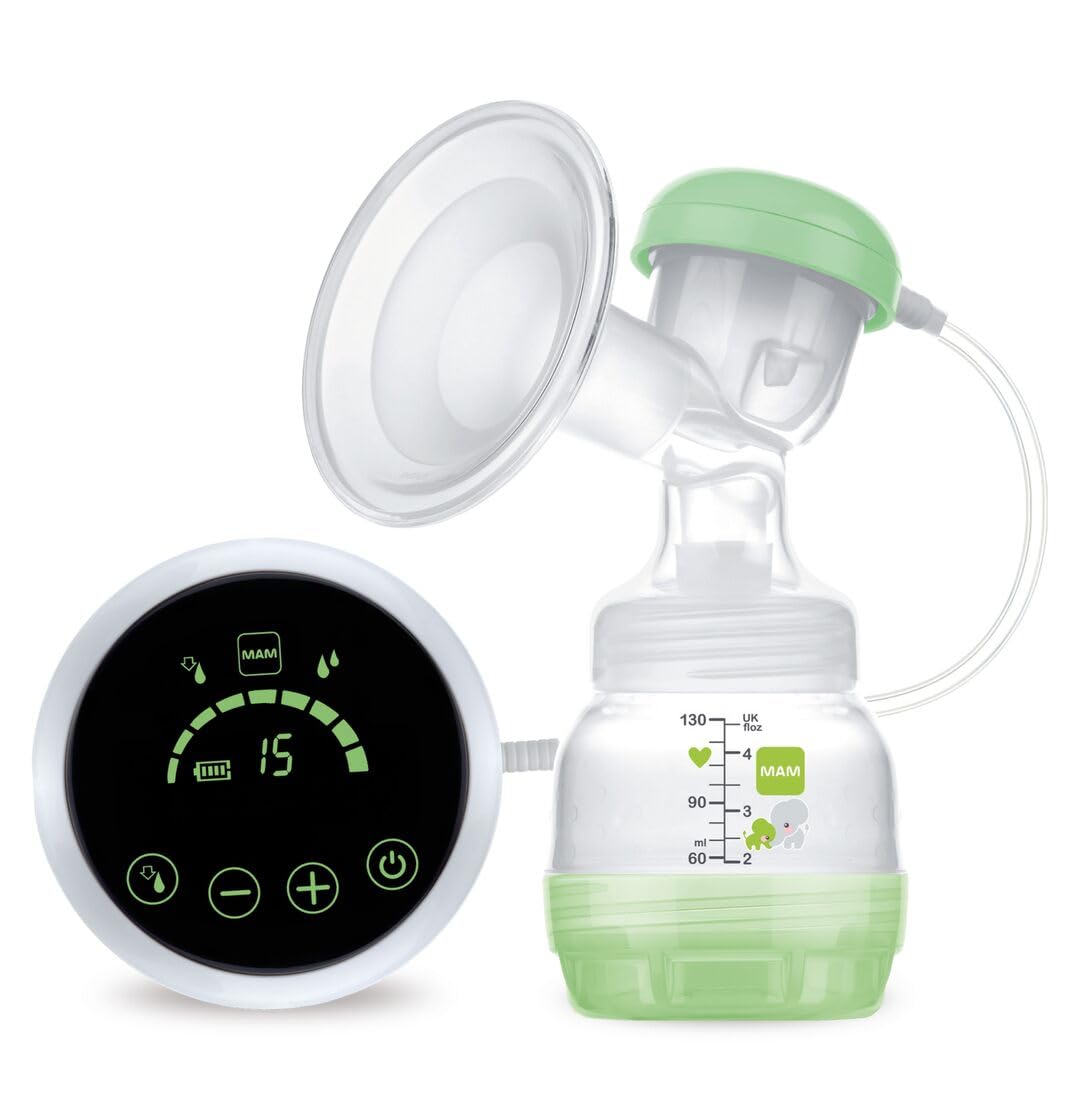 MAM 2-in-1 Single Electric Breast Pump | Quiet and Comfortable Pumping | Soft Silicone Breast Funnel | Newborn Essentials | Green (Various Designs)