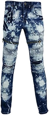 Men's paint effect washed biker moto multi zippers skinny fit jean Indigo 32 x 32