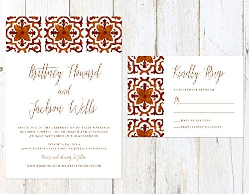 Spanish Tile Wedding Invitation, Spanish Design Wedding Invitation, Deep Red and Orange Wedding Invitation