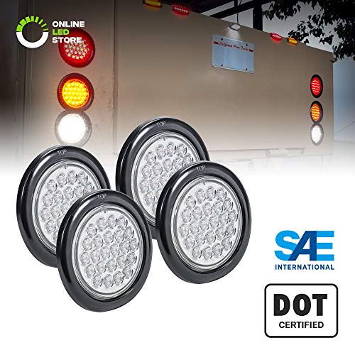 4pc 4" White Round LED Reverse Trailer Tail Light Kit [DOT FMVSS 108] [SAE (2) R] [24 LED] [Grommet & Plug Included] [IP67 Waterproof] [Back Up Signal] Trailer Lights for Boat Trailer RV Trucks