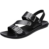BOTRENT Men's Leather Buckle Casual Flat Sandals with Adjustable Dual use Ankle Straps Slip-On Beach Sandals Open Toe Non-Slip Soft Comfortable Slide Sandals