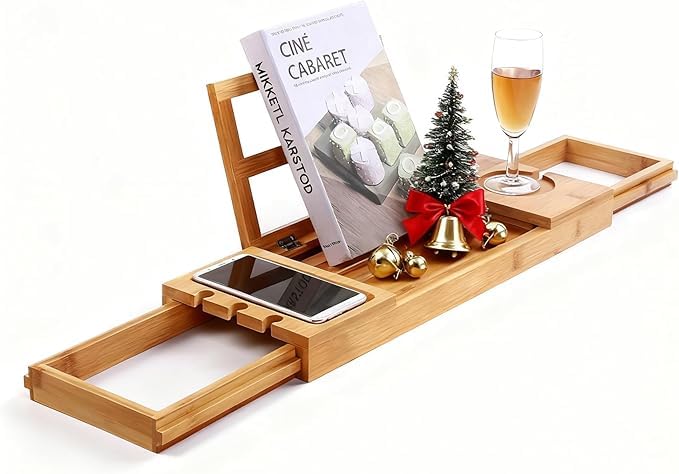 Utoplike Bamboo Bathtub Caddy Tray Bath Tray for Tub, Adjustable Bathroom Bathtub Organizer with Book Tablet Wine Glass Cup Towel Holder, Bath Tray Distinctive Gift for Christmas