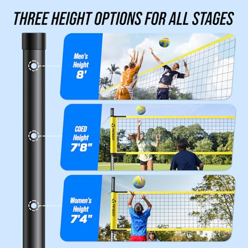 Patiassy Volleyballnetz Garten Outdoor Mobiles Set Mit Stangen, Höhenverstellbar Volleyball Netz, PU Volleyball, Handpume, Grenzlinie, Tragetasche für Rasen Standardgröße 9,5m* 1m