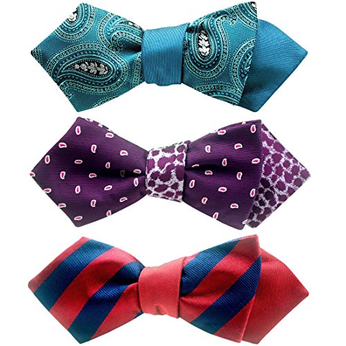 BMC Mens 3pc Reversible Mixed Design Self Tied Adjustable Pointed Tip Style Bow Ties - Set 4