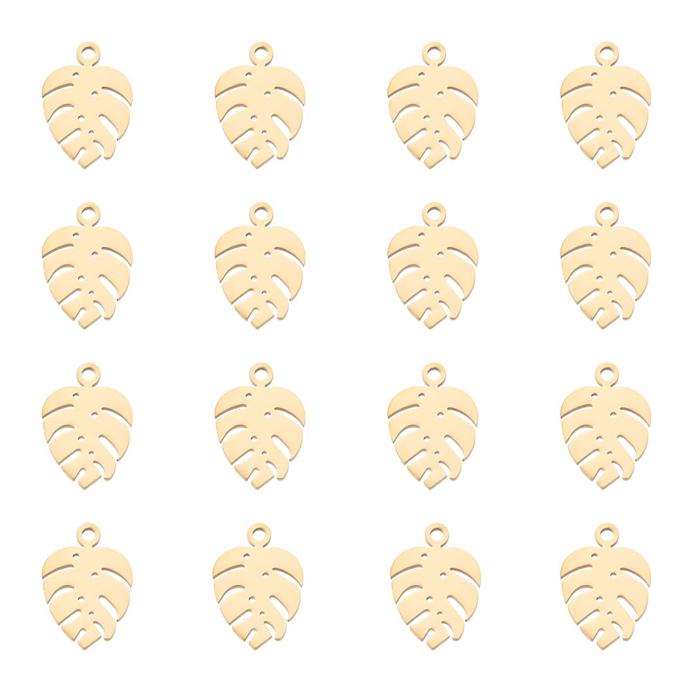 UNICRAFTALE 16pcs Golden Monstera Leaf Charm Stainless Steel Pendants Metal 1mm Small Hole Hollow Leaf Pendants for Necklace Jewelry Making DIY