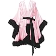Changuan Women's Feather Robe Silk Satin Fur Bridal Robe Short Dressing Gown Lingerie Nightgown Bathrobe Sleepwear