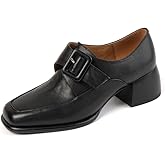 TinaCus Women's Square Toe Genuine Leather Handmade Buckle Low Chunky Heels Retro Loafer Shoes