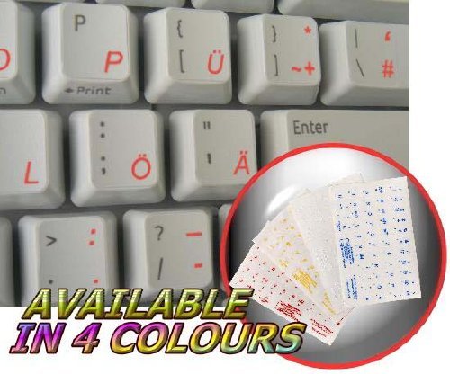 GERMAN KEYBOARD STICKERS WITH RED LETTERING ON TRANSPARENT BACKGROUND