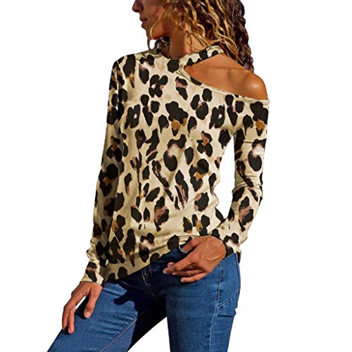 Women Tops Sexy Leopard Print One Shoulder Cut Out Long Sleeve Halter T-Shirts Fashion Casual Pullover Blouse