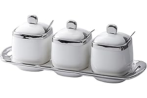 Fvstar Ceramic Sugar Bowls 3pcs Porcelain Seasoning Pots with Spoons,Lid and Tray Kitchen Spice Canister Jar Set Countertop Condiment Container for Sugar,Pepper,Coffee,Spice,Salt (White)