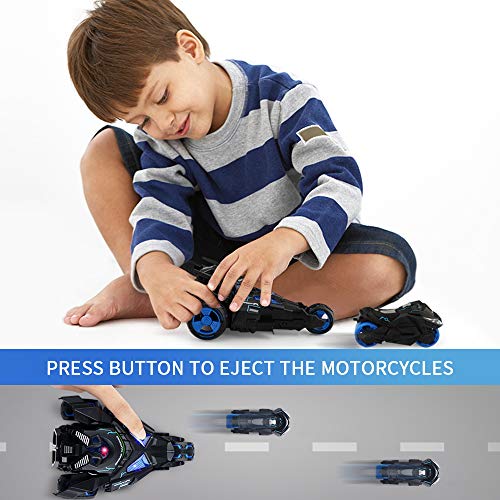 Baztoy Pull Back Vehicles 3 in 1 High Speed 1:32 Scale Racing Model Car Black Catapult Motorcycles Toys with Eject Button LED Light and Sound Gifts for Boys Girls Kids and Toddlers Indoor Outdoor - Thumbnail 2