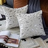 OMMATO Throw Pillows Covers 18 x 18,Set of 2 White Fur with Silver Leaves Soft Throw Pillows for Couch Bed,Accent Home Decorative Square Cushions Cases Shams Pillowcases Farmhouse,45 x 45 cm