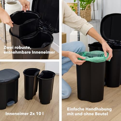 Rotho Duo – Waste Bin 2 x 10 L for Waste Separation with Lid and Pedal, Plastic (PP) BPA-Free, Black, 2 x 10 L (39 x 32 x 40.5 cm)
