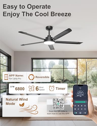 Ohniyou 60 Inch Ceiling Fan with Light, Industrial Ceiling Fans with Remote Control/App, 5 Blades Aluminium, Silent DC Motor, Outdoor Terrace Fan Garage, Black