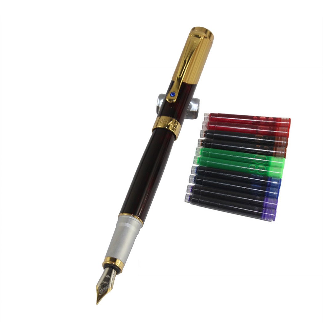 Gullor 9009 Normal Nib Fountain Pen with Original Pen Pouch and 5 Colour Ink Cartridge - Claret