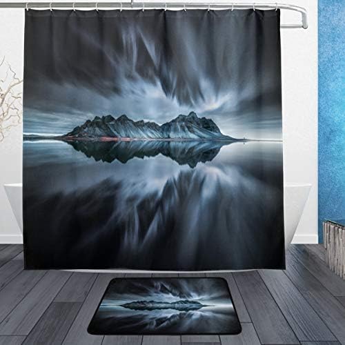 DJROWW Vesturhorn Batman Mountain Iceland Reflections Shower Curtain and Bath Mat Set,Includes 72"x72" Bathtub Waterproof Decorative Mildew Resistant Curtains and 23.6"x15.7" Floor Mat