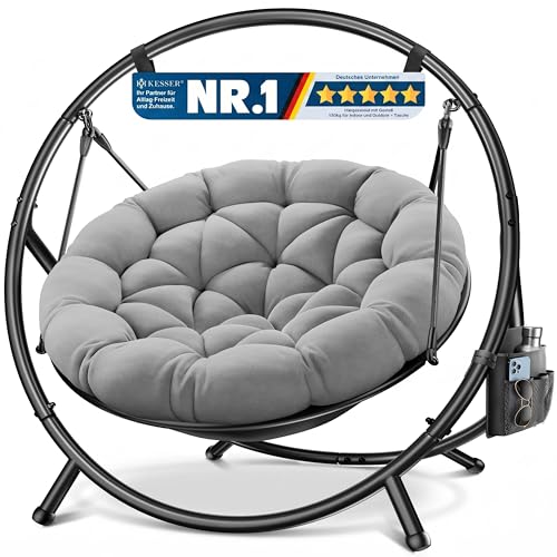 KESSER® Hängesessel mit Gestell Bali Hängeschaukel Hängestuhl bis 150kg für Indoor und Outdoor + Kissen & Seitentasche Hängekorb Stahlgestell & Schaum