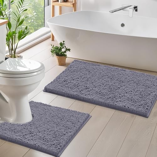 LuxUrux Bath Mat Set, Luxury Chenille (2-Piece) Soft Plush Anti-Slip Rug + Toilet Mat.1'' Microfiber Shaggy Carpet, Super Absorbent (Dark Grey, 80 x 50 cm + U Shaped 50 x 50 cm)