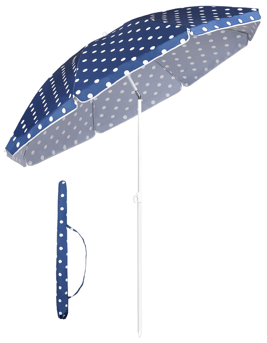 Sekey® 1.6m Beach Parasol Umbrella with Cover, Portable Tilting, for Garden/Pool/Patio, Round Sunscreen UV20+, Blue White Polka Dot
