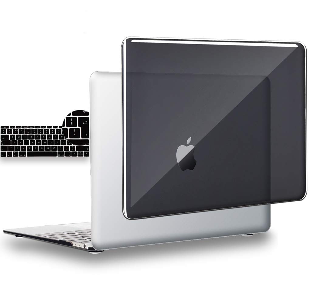 UESWILL 2in1 Glossy Crystal Clear See Through Hard Shell Case with EU/UK Version Silicone Keyboard Cover Compatible with 12 inch MacBook with Retina Display (Model: A1534), Black