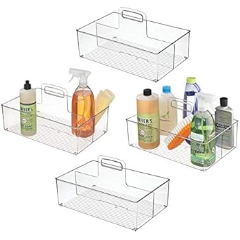 mDesign Plastic Portable Storage Organizer Kitchen Caddy Tote, Divided Basket Bin with Handle for Ketchup, Mustard, Napkins, Condiments, Sauces - Store in Cabinets, Countertops, 4 Pack - Clear