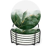 LOKMU Coasters for Drinks,Round Absorbent Ceramic Stone Coaster Sets of 6 with Metal Holder Stand,Green Paint and Golden Shiny Veins Coasters with Cork Base for Coffee Wooden Table,Housewarming Gifts