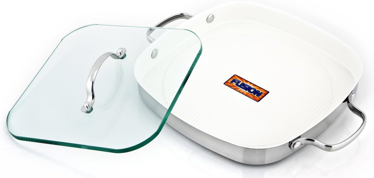 Kevin Dundon Signature Square 11-Inch Grill Pan with Dual Handle and Glass Press, Marshmallow