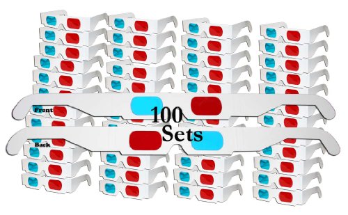 3D Red/Cyan Anaglyph Cardboard Glasses – 100 Pair UNFOLDED – White Frame
