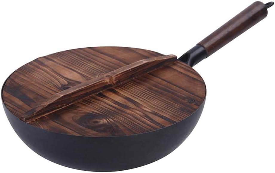 INEP Wok, large non-stick cast iron safety wok - cooker with lid non-stick cooker 32 cm anodized/heat-resistant handle pre-added with wooden cover