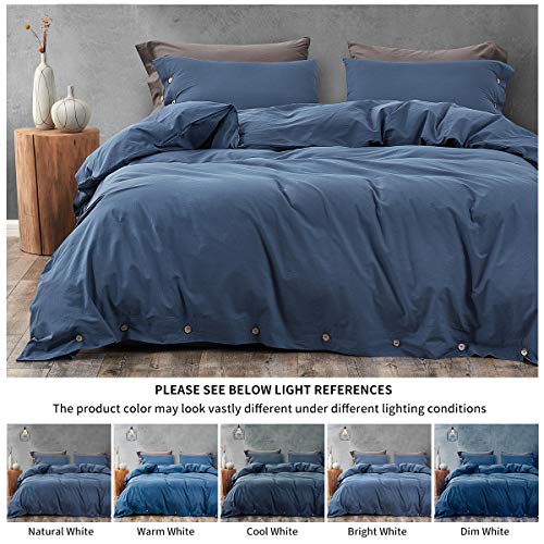 Melingo Navy Blue Cotton Duvet Cover Queen Size with Stones Washed Tech, 3 Piece Set Linen