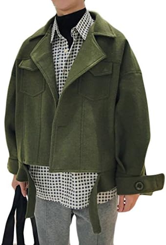 zhaoabao Mens Stylish Long Sleeve Loose Fit Wool Blend Biker Jacket Green XS
