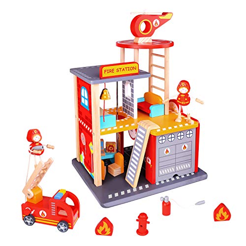 USA Toyz Fire Station Playset and Fire Truck - Premium Doll Houses Series 22 Piece Wooden Fire Station Playset