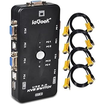 ieGeek USB KVM Switch Box + VGA USB Cables for PC Monitor/Keyboard/Mouse Control (4 Port)