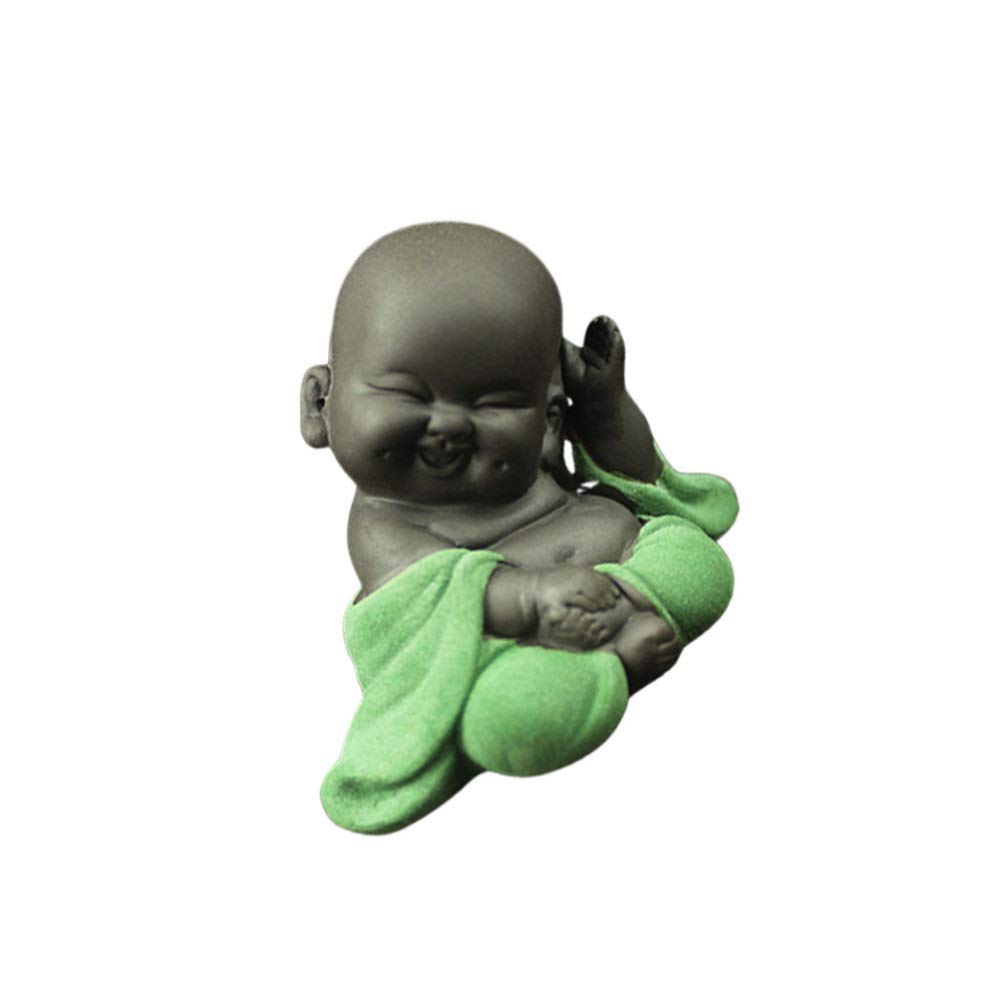 Mini Ceramic Buddha Figurine Monk Tea Pet Miniature Buddha Statue Chinese Maitreya Feng Shui Ornaments for Home Office Table Decoration (Green)
